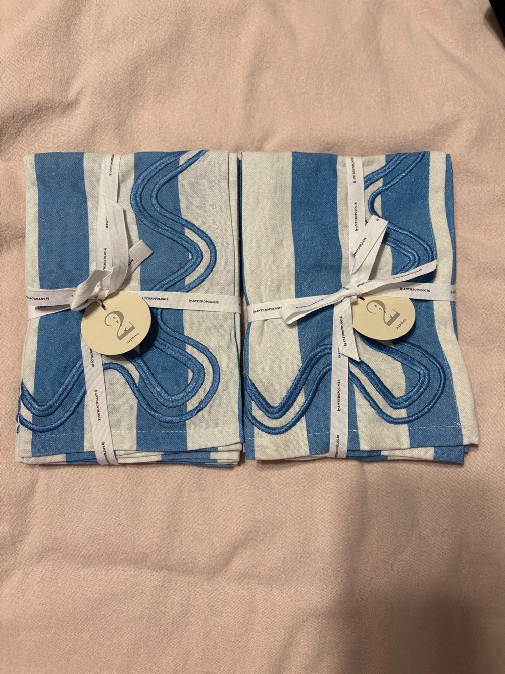 Anthropologie Madeline Striped Embroidered Dinner Napkins Set of 4 - Picture 2 of 5
